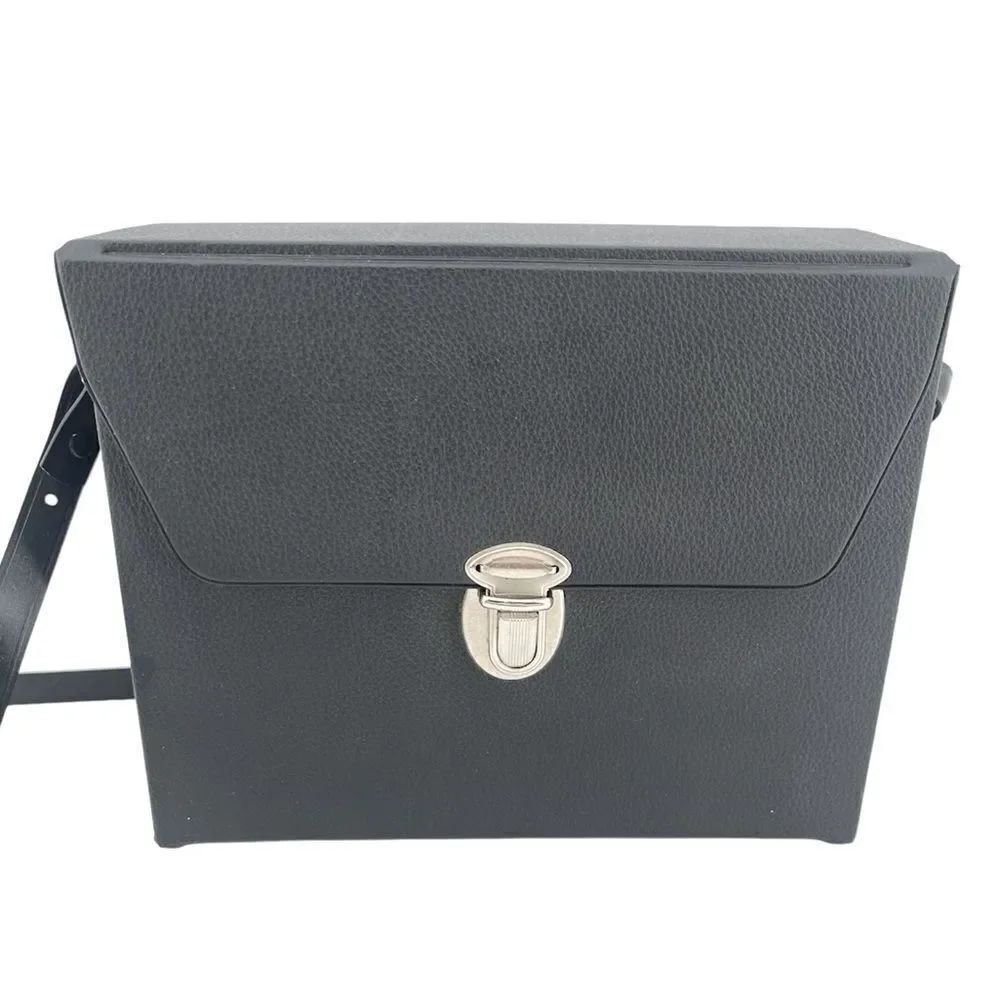 Vintage Black Faux Leather Structured Push Lock Binoculars Crossbody Case Bag